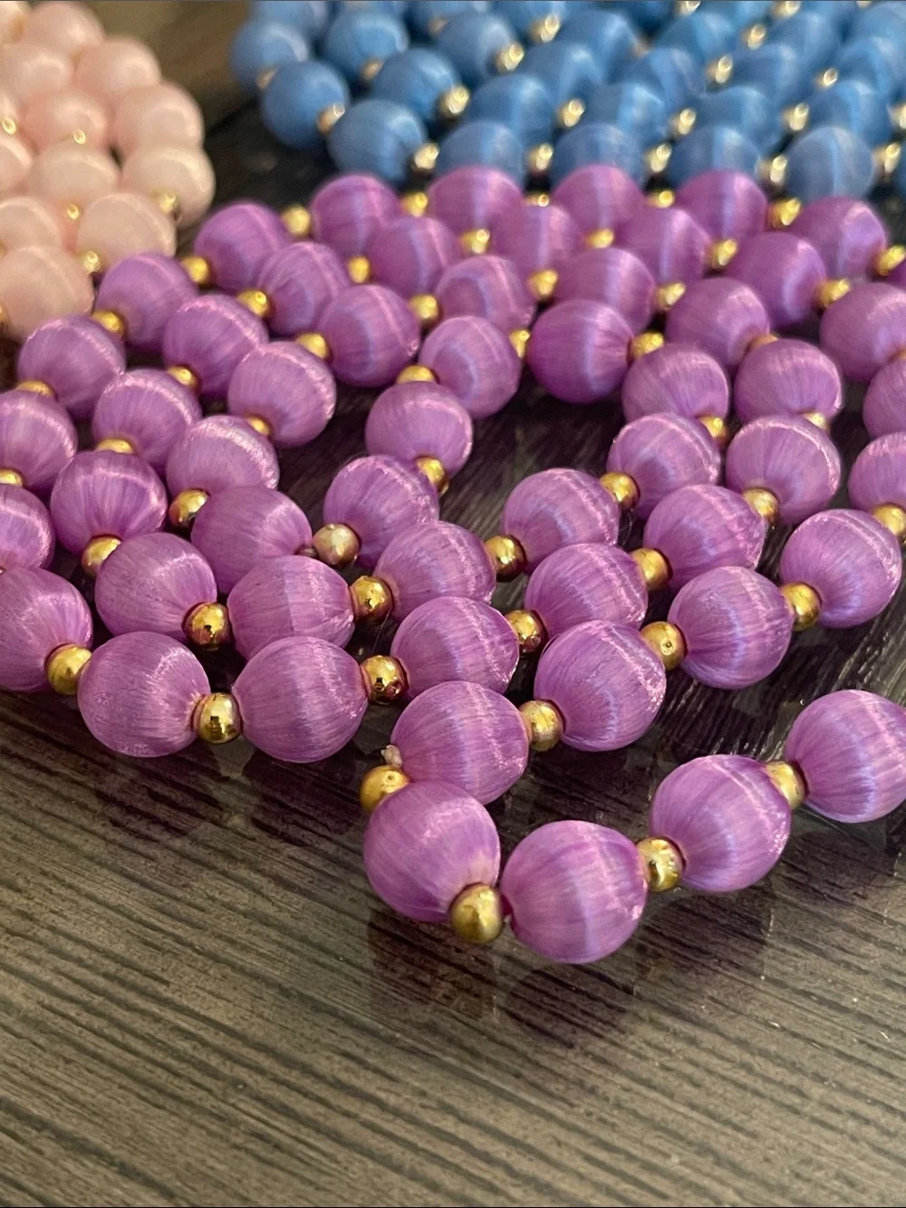 Vintage 3 Necklaces with Spun Silk Satin Beads Gold Tone Spacers 30 In. Approx